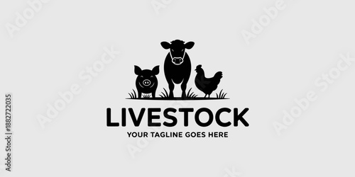 Livestock farm animal logo design featuring pig cow and chicken in silhouette style for agriculture business branding veterinary clinic advertising and rural farming company marketing food industry pr