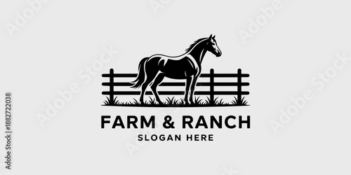 Elegant black horse standing by wooden fence silhouette illustration for farm and ranch business marketing materials equine animal design element for logo template and branding package for agricultura