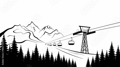 Scenic mountain cable car lift traversing snowy winter landscape with evergreen trees black and white illustration for travel tourism adventure sports recreation holiday destination promotion marketin