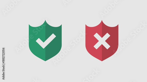 Green check mark shield for approved validated security and red cross shield for error unapproved protection concept vector illustration for website ui ux design elements cybersecurity privacy data sa