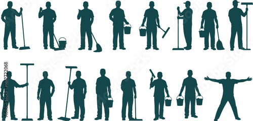 Cleaning workers silhouette set with janitors holding mop bucket and tools professional housekeeping service concept isolated on white background