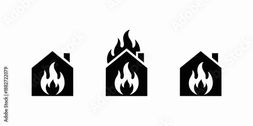 Burning house icon set in black and white vector illustration home fire flames danger risk safety warning protection concept for real estate insurance property investment disaster prevention and emerg