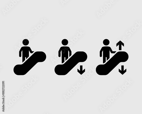 Escalator pictogram icons set representing going up and down in modern shopping mall or airport terminal public transportation signage symbol illustration for safety guidelines and accessibility infor
