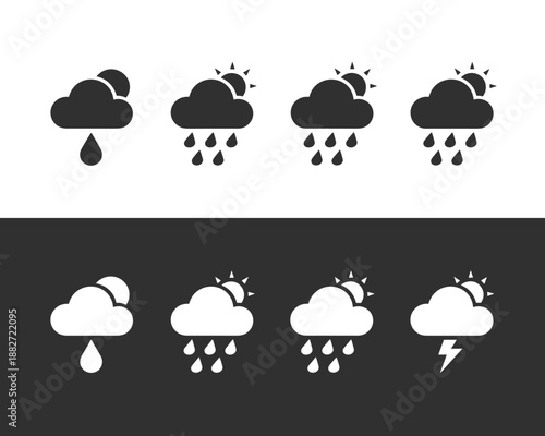 Weather forecast icon set showing clouds raindrops sunshine and lightning weather elements depicting raining thunderstorm sunny weather conditions for meteorology infographics presentations and mobile