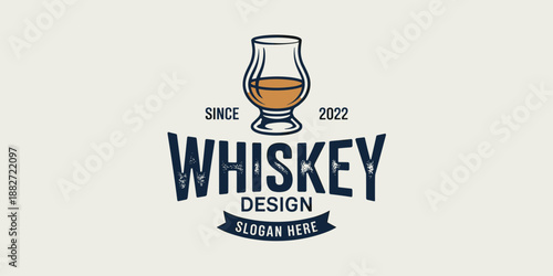 Vintage whiskey glass logo design template for branding and bar promotion crafted beverage label concept premium alcohol advertisement retro style illustration for distillery business or pub graphic e