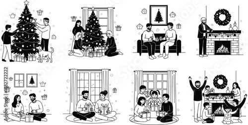 Family celebrating Christmas at home with tree decorating, gift exchange and fireplace moments, cozy holiday scenes in black and white vector illustration set