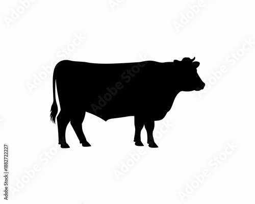 Black silhouette of a cow standing on white background domestic farm animal vector illustration beef cattle livestock farming concept for food industry agriculture business branding and marketing mate
