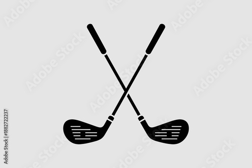 Sleek Black Golf Clubs Crossed Minimalist Icon for Sporting Goods Promotion and Golf Course Advertising with a Modern Design Representing Leisure Activity and Competitive Sport in the Golfing Industry