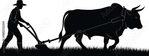 Farmer plowing field with ox silhouette illustration, traditional agriculture scene showing rural farming work, black vector design isolated on white background