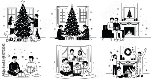 Family celebrating Christmas at home with tree decorations, gifts and fireplace, cozy holiday scenes in black and white vector illustration set