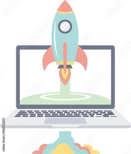 illustration of a digital laptop with a stylized rocket launching from the screen symbolizing