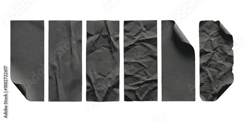 Set of black glued crumpled paper tape strips and wrinkled texture elements for collage design