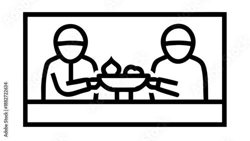 Two masked people cooking food on a stove with flames