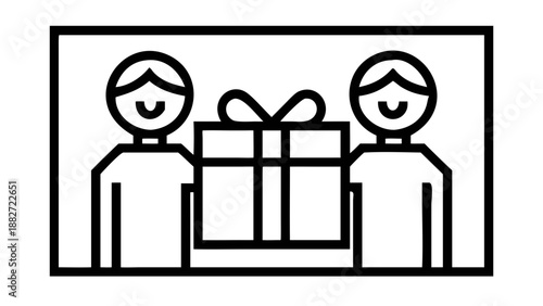 Two smiling people giving and receiving a wrapped gift box together