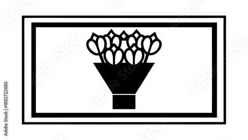 Black and white illustration of tulips in a vase with rectangular frame