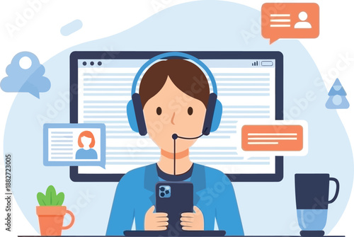 Customer Support Representative Wearing Headset Using Smartphone in Front of Computer