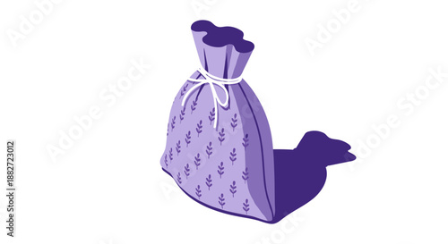 Lavender sachet with decorative pattern isolated on white background, featuring purple hues and tied with a delicate ribbon, casting a soft shadow