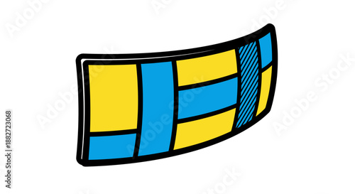 Colorful bent panel illustration with geometric pattern isolated on white background, featuring vibrant blue and yellow rectangles with dotted accents