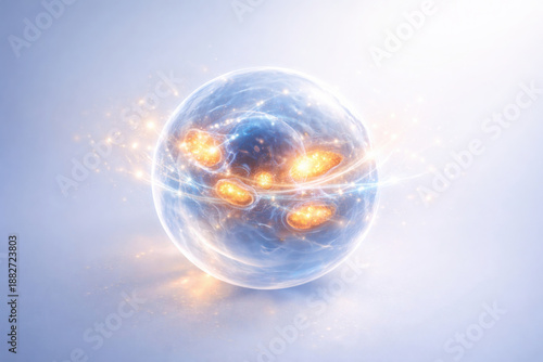 Glowing sphere represents cellular energy, radiating light and dynamic movement, symbolizing vitality and life
