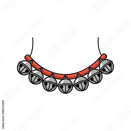 A necklace with multiple silver bells and red cord.