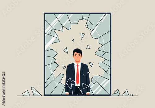 Man in suit reflected in a shattered mirror, with broken glass.