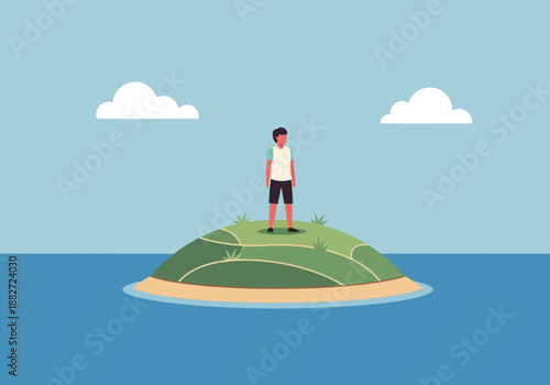 Person stands on a small island in the ocean with clouds above.