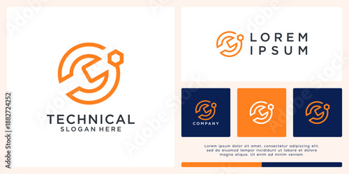 Technical wrench logo design line tech.
