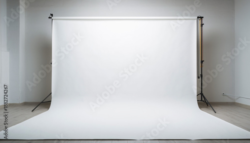 Spacious empty photography studio featuring a professional white backdrop and lighting equipment, ideal for versatile creative projects