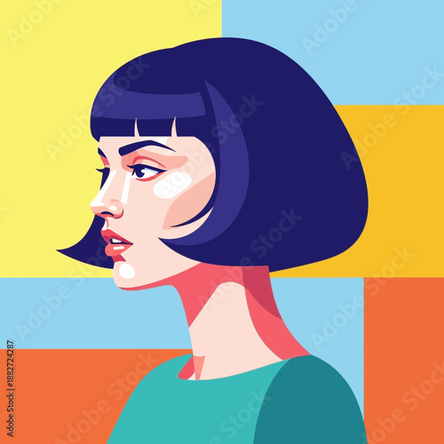 Stylized portrait of a woman with dark bob haircut and blue top.