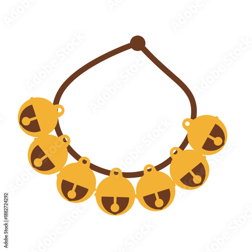 A string of golden bells with brown ties.