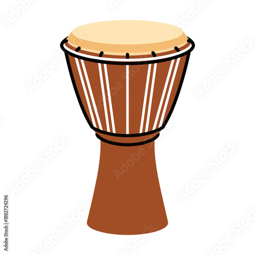 A brown djembe drum with white stripes and a light tan head.