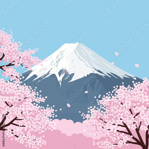 Snow-capped mountain peak surrounded by blooming pink cherry blossom trees.