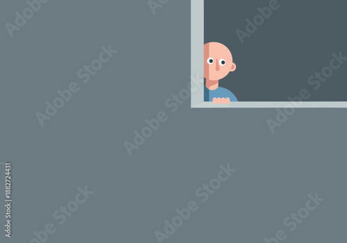 Bald person peeking from a window frame.