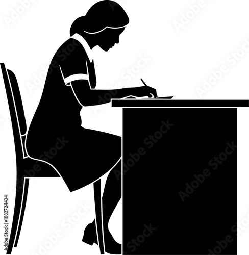 Silhouette of focused woman writing at desk, minimalist black and white illustration representing study, work, education, creativity, concentration and productivity
