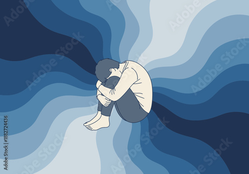 Person curled up with head down amidst swirling blue waves.