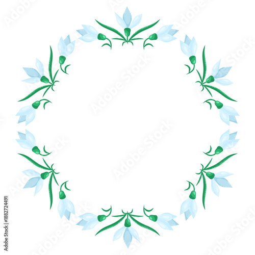 Beautiful Round frame of delicate snowdrop flowers. Natural spring wreath. Isolated vector illustration.