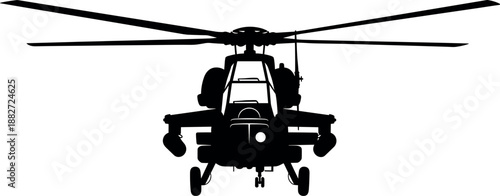 Silhouette of military attack helicopter front view, black and white illustration symbolizing aviation, defense technology, air force power and security operations