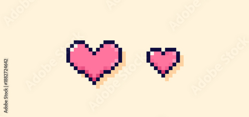 Pixel art pink hearts drawn in different sizes.