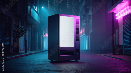 A dark metallic vending machine with a large blank white screen, bathed in the glow of purple and blue neon lights in a futuristic, cyberpunk-style alley, front view, mockup.