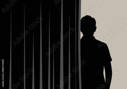 Silhouette of a man peeking from behind a dark curtain.