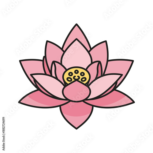 Pink lotus flower with yellow center and green stem.