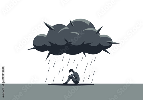 Person sits under a spiky dark cloud raining heavily.
