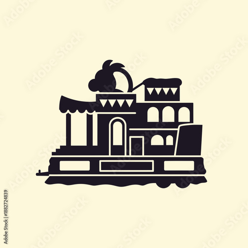 Silhouette of a paddlewheel steamboat with a palm tree.