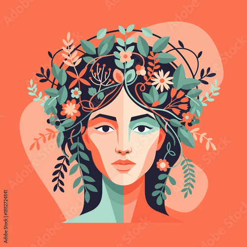 Woman with floral crown and green foliage in her hair.