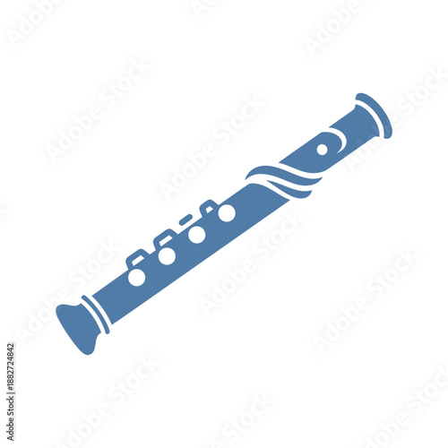 Blue recorder musical instrument with finger holes and bell.