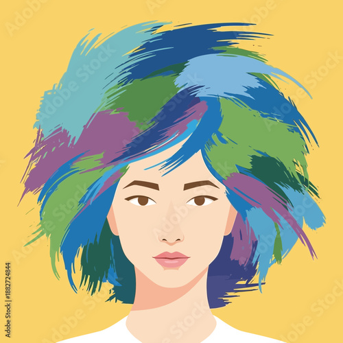 Woman with colorful, abstract hair styled like feathers.