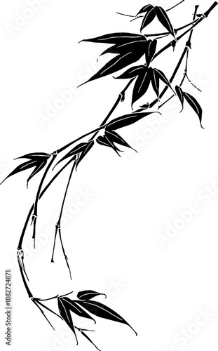 Black silhouette of bamboo leaves and branches isolated on white background. Vector illustration.Decorative bamboo plant silhouette suitable for Asian style design. Vector graphic.