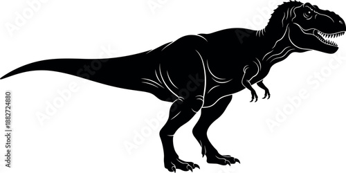 Silhouette of tyrannosaurus rex dinosaur, black and white illustration representing prehistoric predator, ancient wildlife, jurassic power, science, history, imagination, art