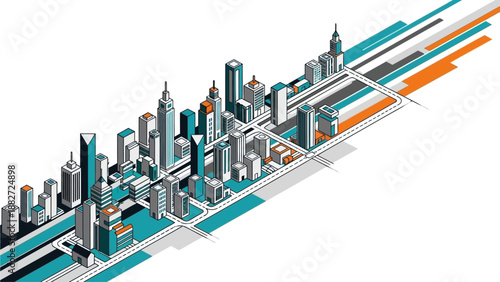 Isometric modern city illustration showing organized urban infrastructure with buildings, roads, and smart planning elements. The design represents contemporary city life, urban development, and moder