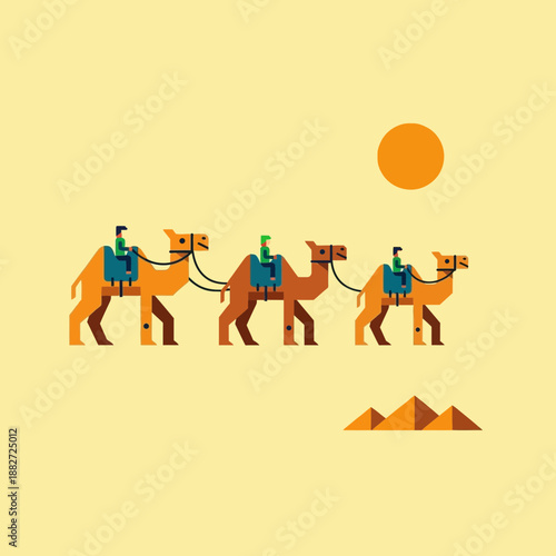 Three camels with riders trek across a desert landscape under a sun.